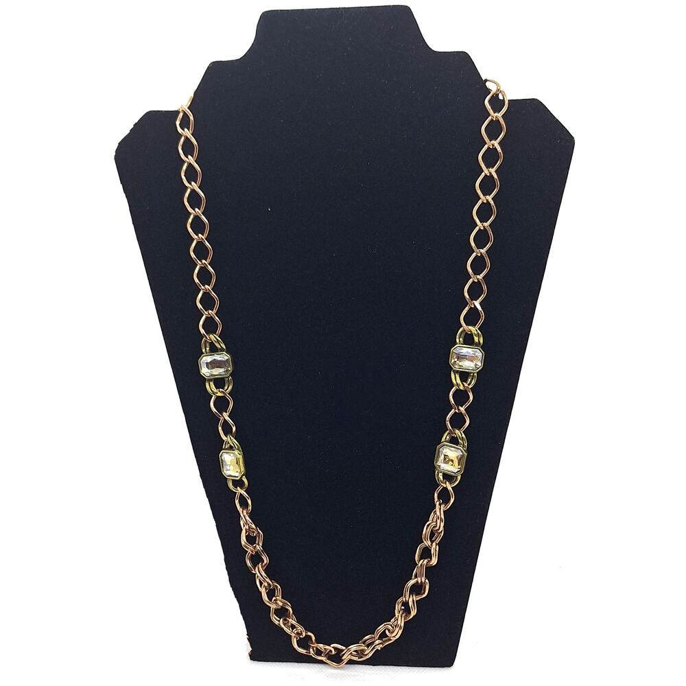 Vtg Loft Long Gold Tone Twisted Rope Chain with 4 Emerald Shape Rhinestones